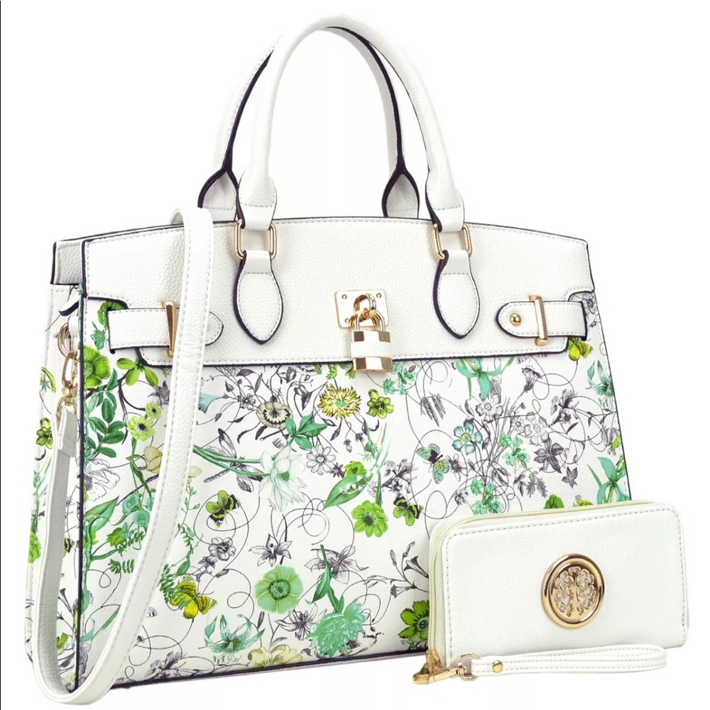 New White Floral Tote Wallet + Padlock + Strap